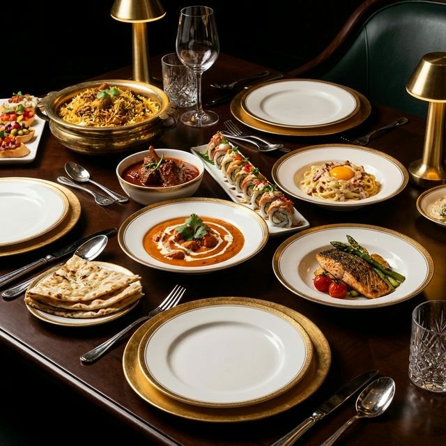 Balloch restaurant food spread with lamb rogan josh, biryani, sushi and truffle risotto