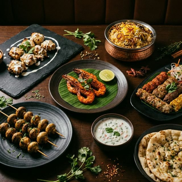 Indika restaurant food spread featuring chicken malai tikka, tandoori prawns, biryani and kebabs