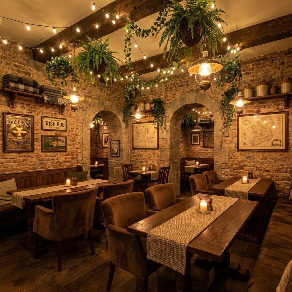 The Irish Green restaurant cozy interior with warm lighting, brick walls and Irish decor in Noida Sector 76