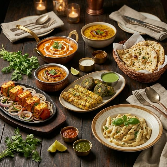 Vegetarian food spread at The Irish Green featuring paneer tikka, dal makhani, naan and Continental dishes